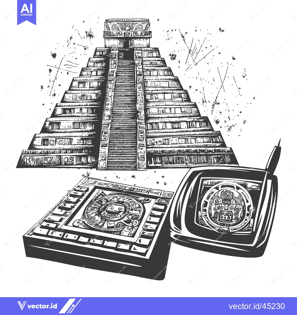 Premium Vector of Hand Drawn Illustration of an Ancient Mayan Pyramid and a Modern Elect