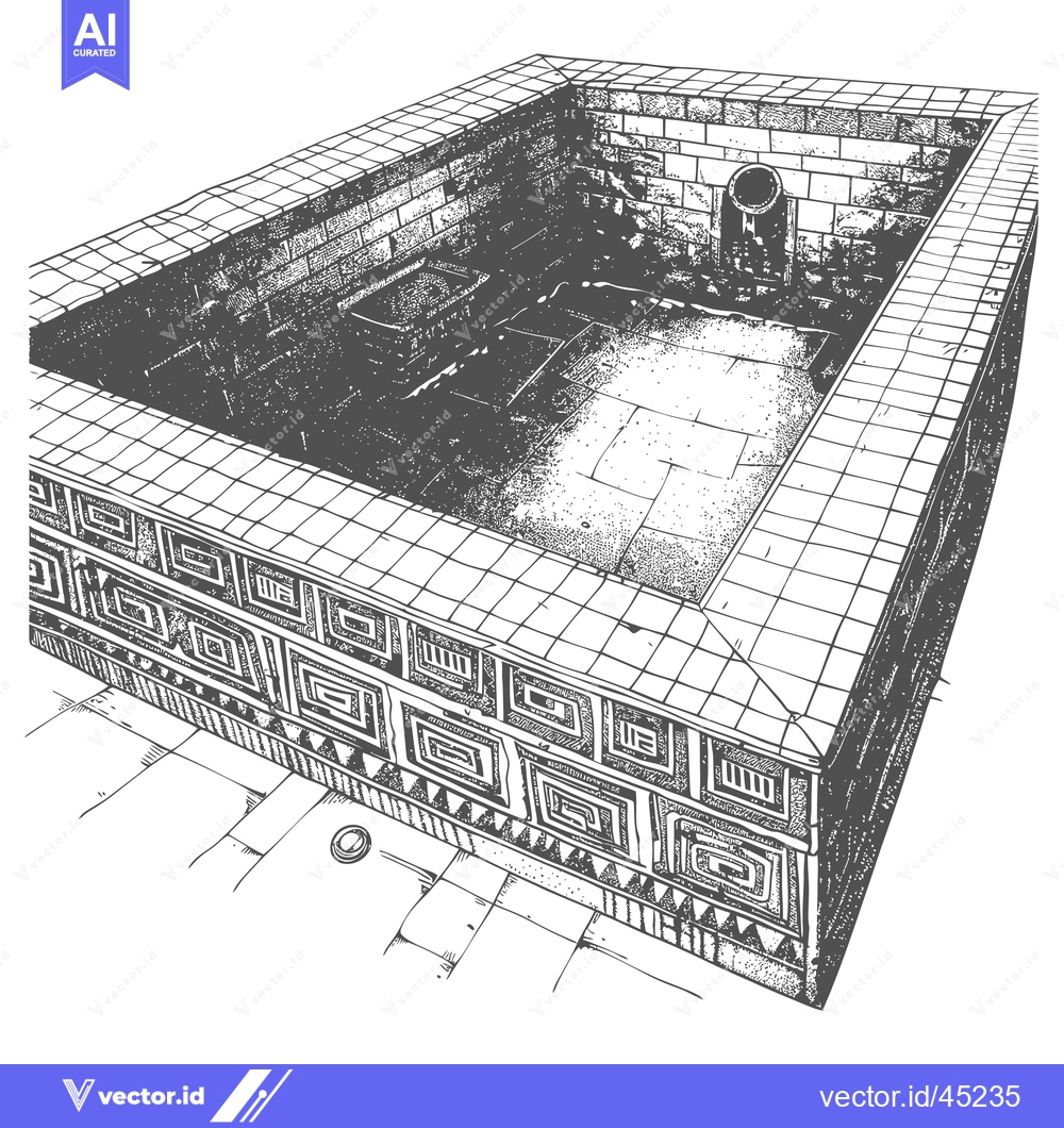 Premium Vector dari Hand-drawn Illustration of an Ancient Stone Pool with Geometric Patter
