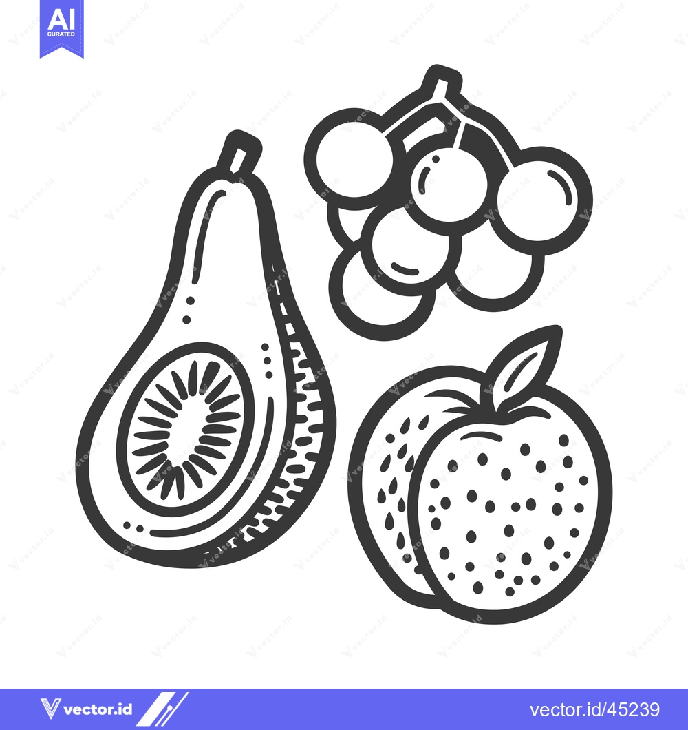 Premium Vector dari Hand-drawn illustration of an avocado, grapes, and a peach