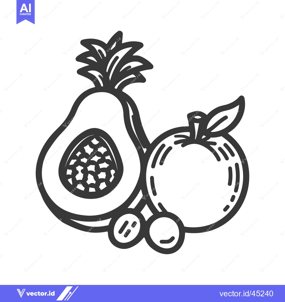 Premium Vector dari Hand-drawn illustration of an avocado, pineapple, apple, and berries