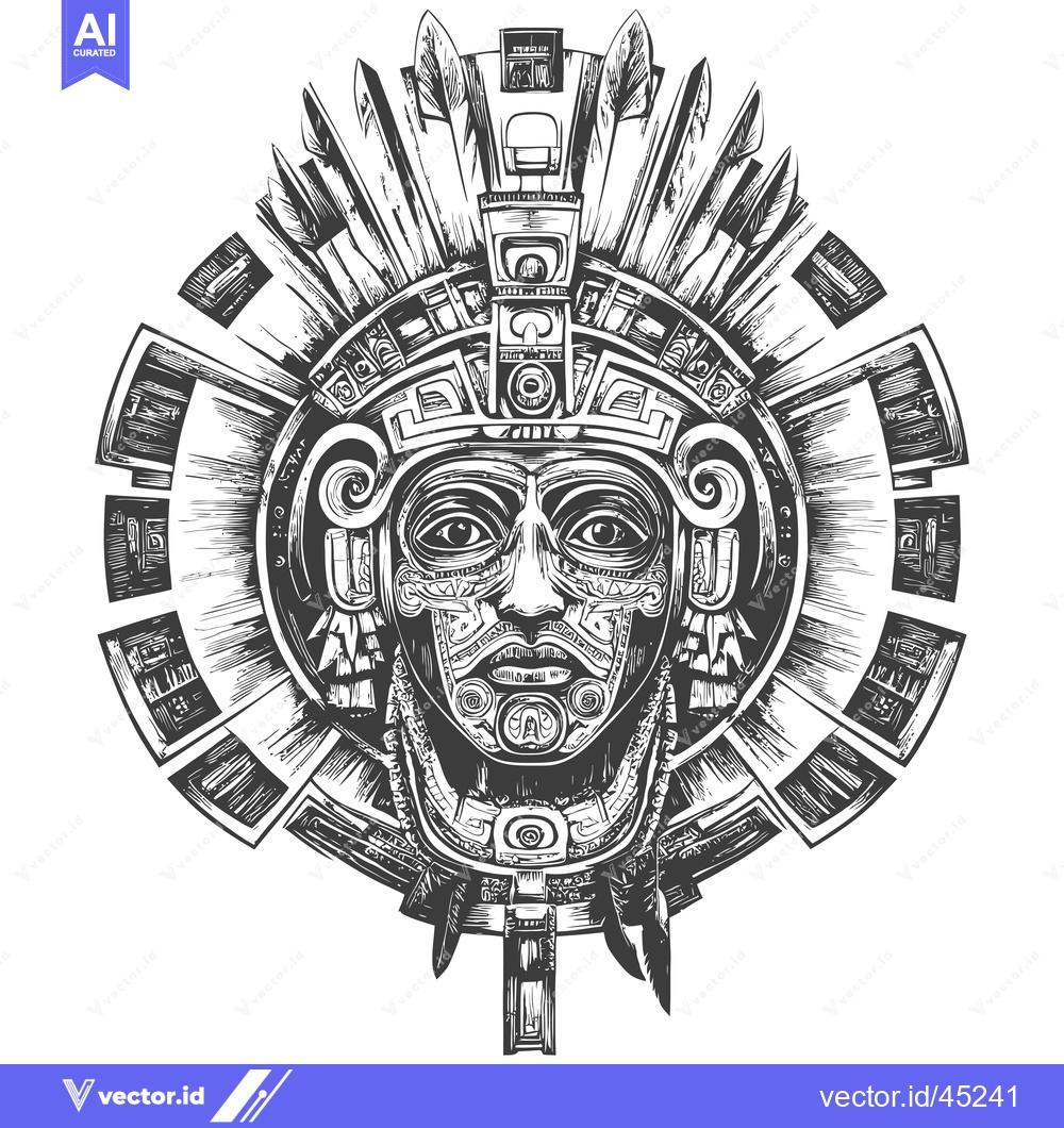 Premium Vector of Hand-drawn illustration of an Aztec mask with intricate details and a