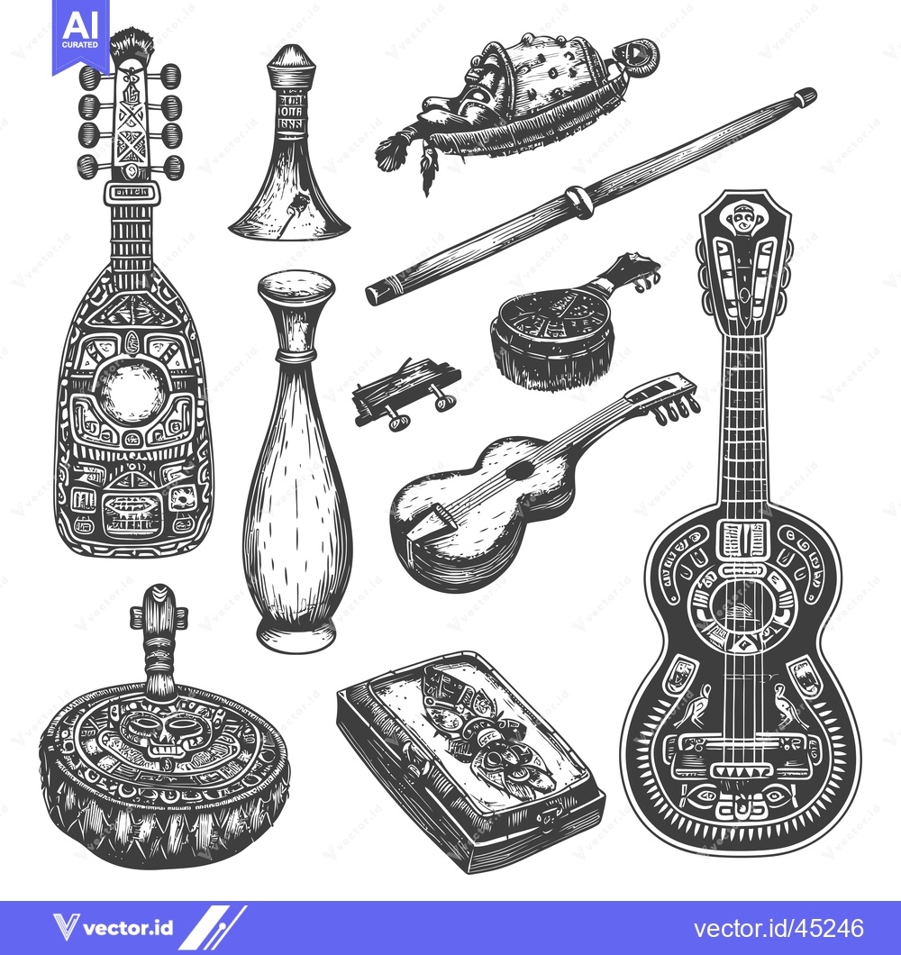 Premium Vector dari Hand-Drawn Illustration of Ancient Mayan Musical Instruments and Objec