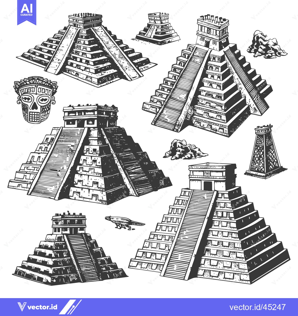 Premium Vector dari Hand-Drawn Illustration of Ancient Mayan Pyramids and Artifacts