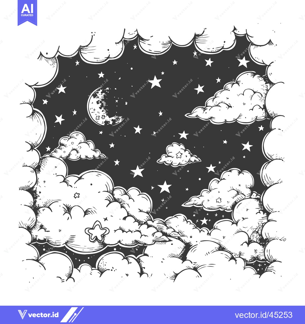 Premium Vector of Hand-drawn illustration of a night sky with clouds and stars