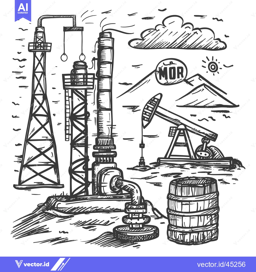 Premium Vector dari Hand-Drawn Illustration of an Oil Refinery with Pumpjacks, a Storage T