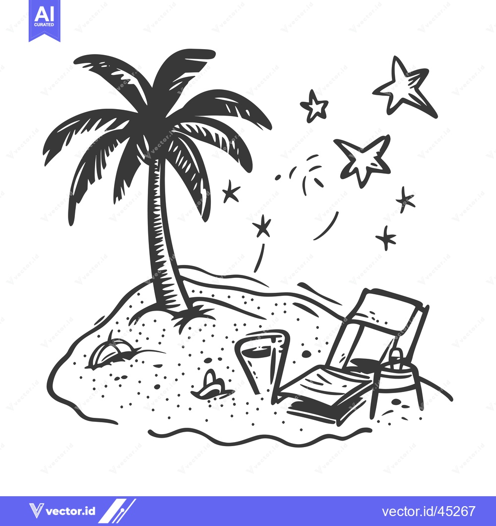 Premium Vector dari Hand-drawn illustration of a palm tree on a sandy island with a lounge