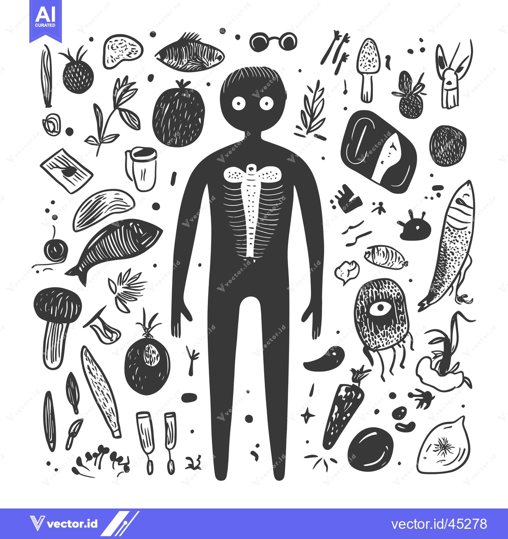 Premium Vector dari Hand-Drawn Illustration of a Person with Various Objects Surrounding T