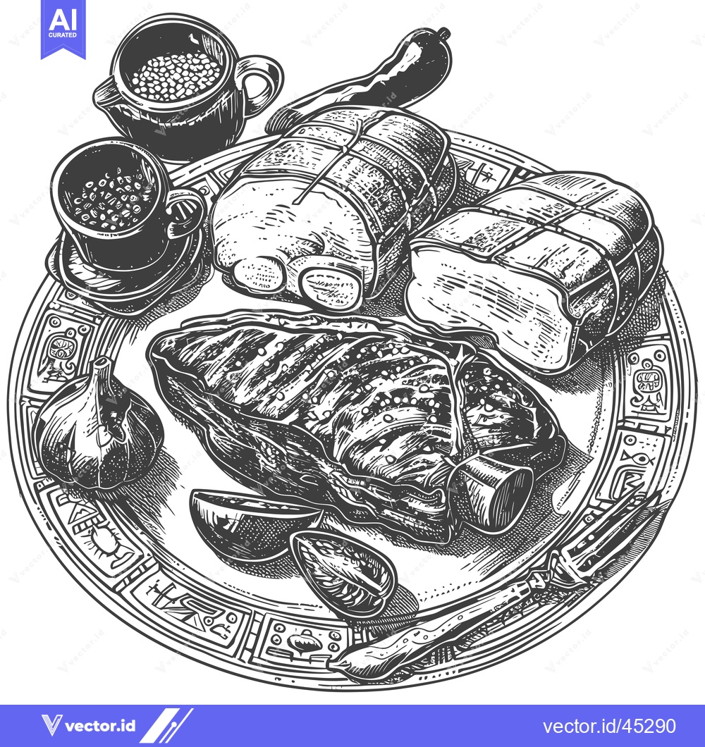 Premium Vector dari Hand-Drawn Illustration of a Plate with Grilled Meat, Peppers, Garlic,