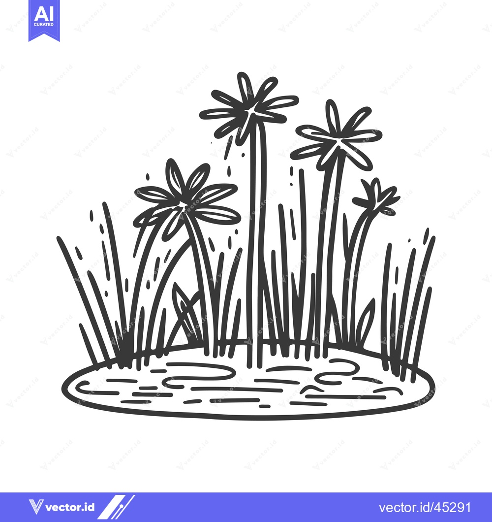 Premium Vector dari Hand-drawn illustration of a pond with grass and flowers