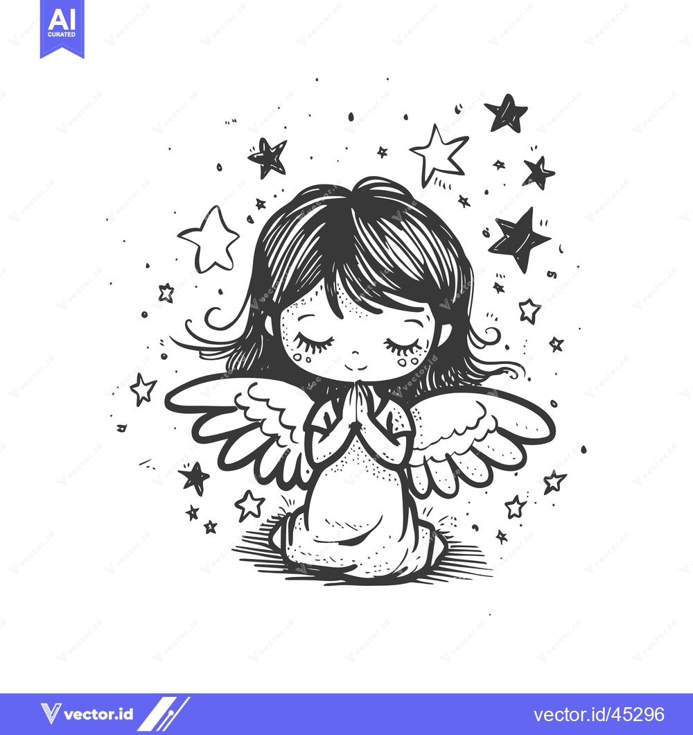 Premium Vector of Hand-drawn illustration of a praying angel surrounded by stars