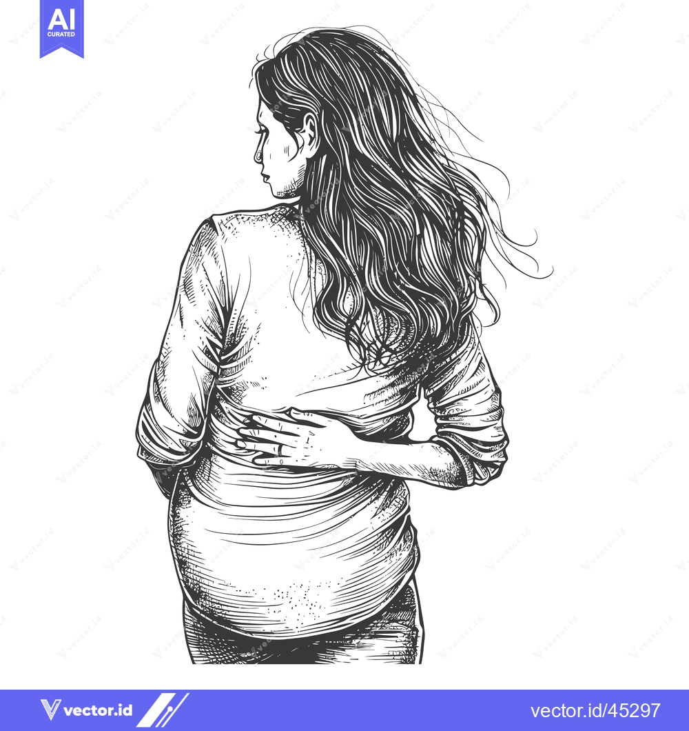 Premium Vector dari Hand-drawn illustration of a pregnant woman, rear view, long hair