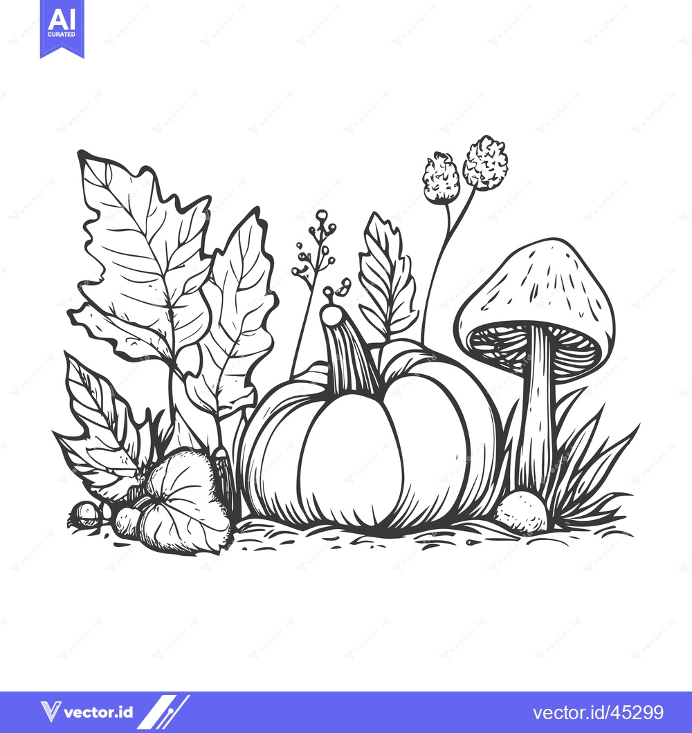 Premium Vector of Hand-drawn illustration of a pumpkin, mushroom, and leaves