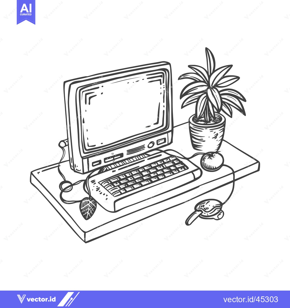 Premium Vector of Hand-drawn illustration of a retro computer with a potted plant on a t