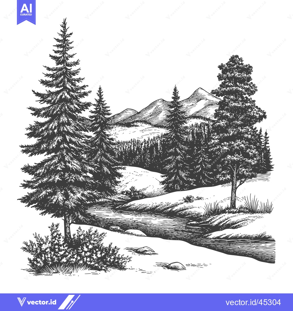 Premium Vector dari Hand-drawn illustration of a river flowing through a mountainous fores