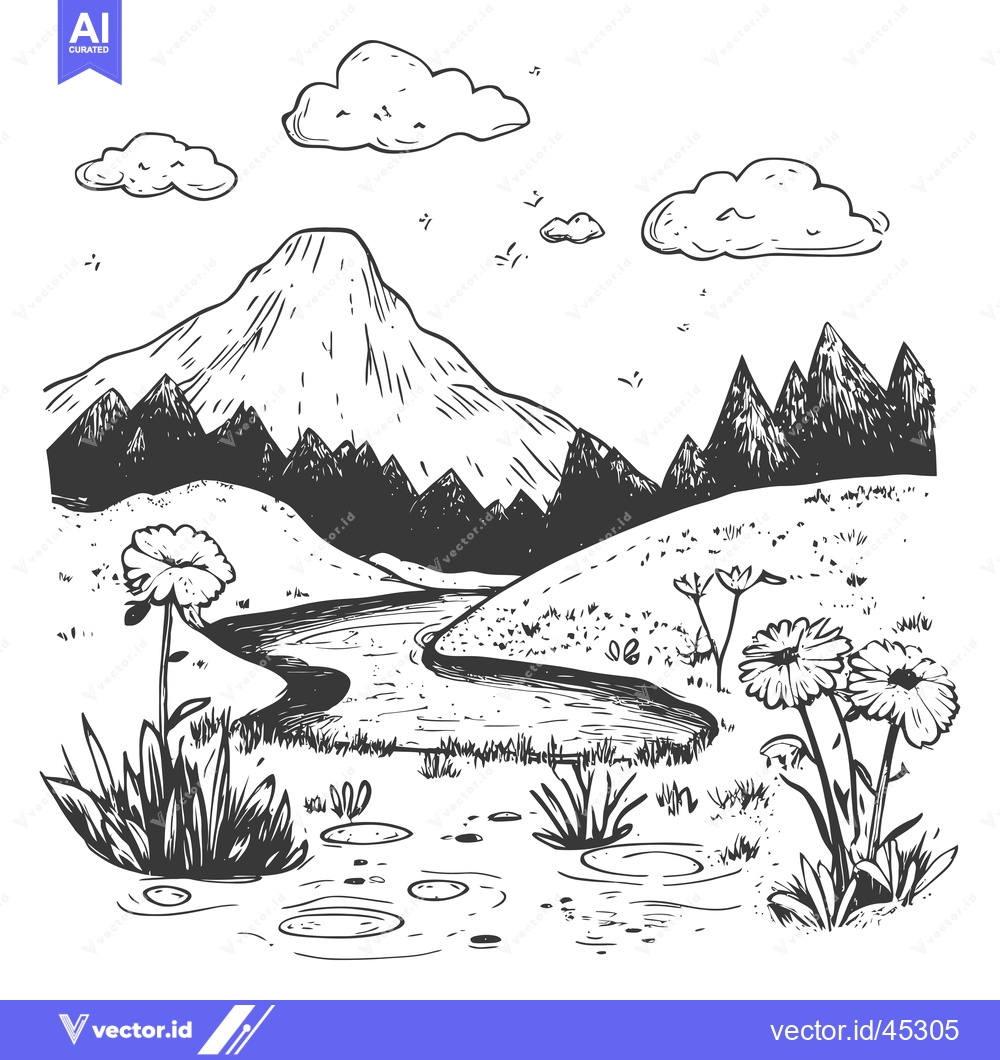 Premium Vector of Hand-drawn illustration of a river winding through a valley with mount