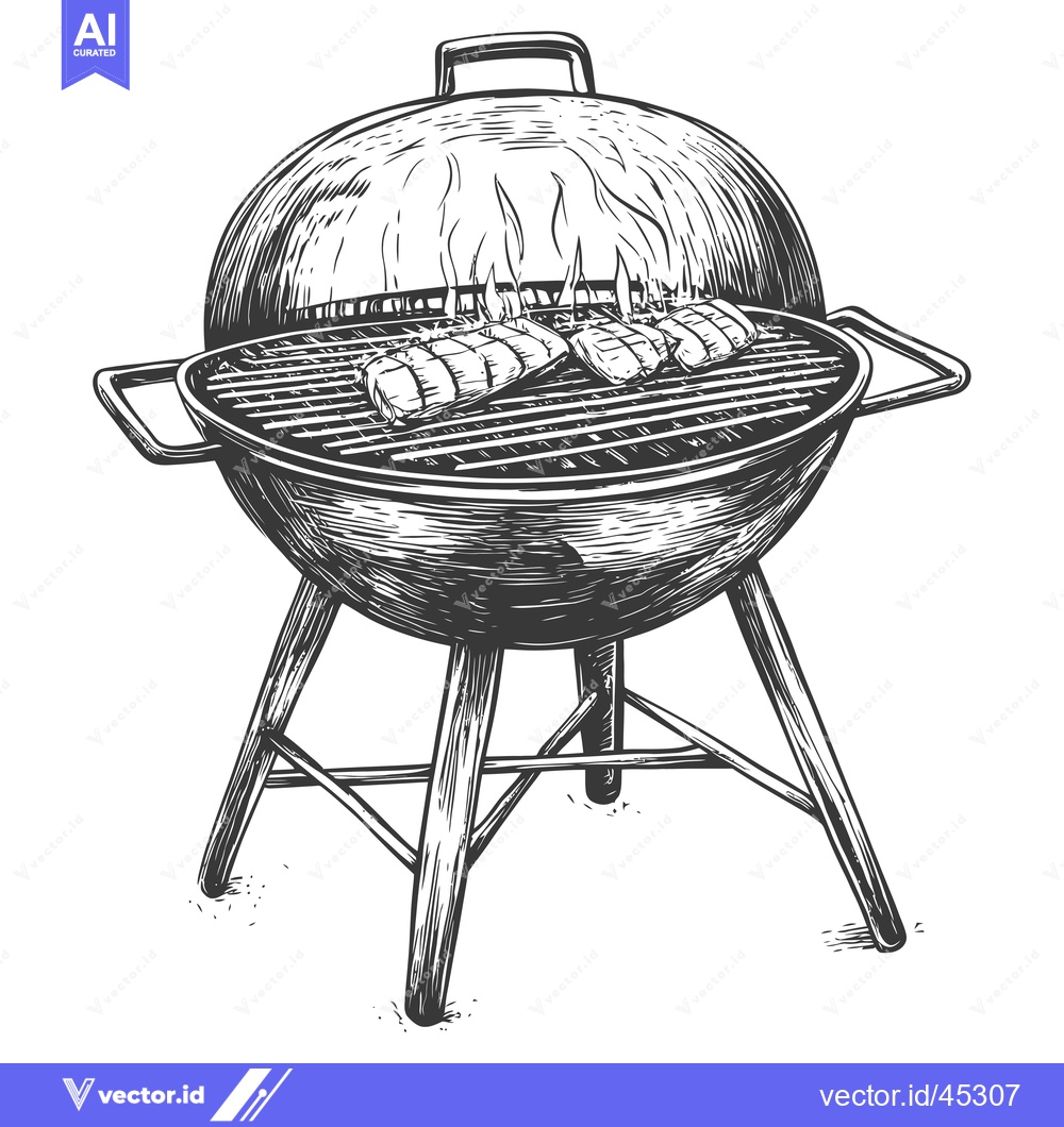 Premium Vector of Hand-drawn illustration of a round charcoal grill with steaks cooking