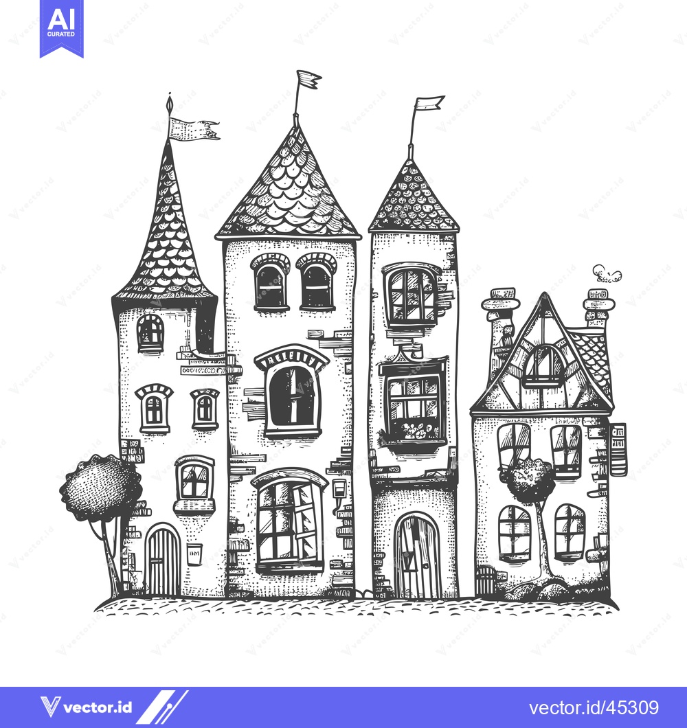 Premium Vector dari Hand-Drawn Illustration of a Row of Three Fantasy Houses with Flags