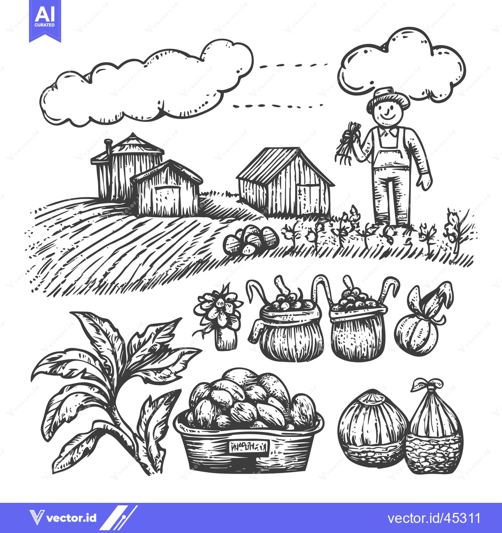 Premium Vector dari Hand-Drawn Illustration of a Rural Scene with a Farmer, Farm Buildings