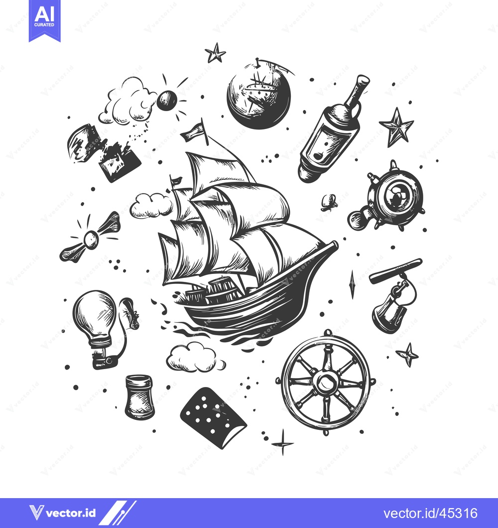 Premium Vector of Hand-Drawn Illustration of a Sailing Ship Surrounded by Nautical Objec