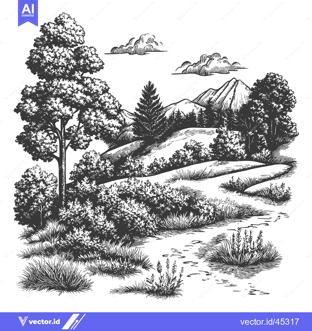 Premium Vector dari Hand-drawn Illustration of a Scenic Mountain Landscape with Trees, Gra