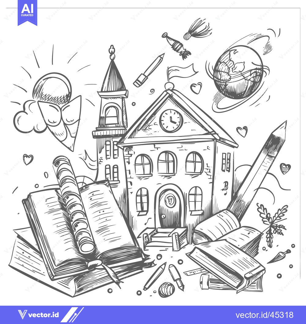 Premium Vector of Hand-Drawn Illustration of a School Building Surrounded by Books, Penc