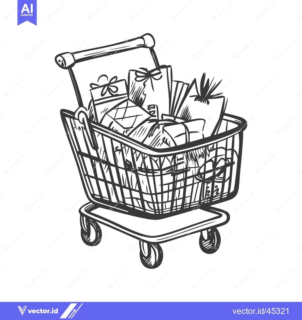 Premium Vector of Hand-drawn illustration of a shopping cart filled with packages and gi