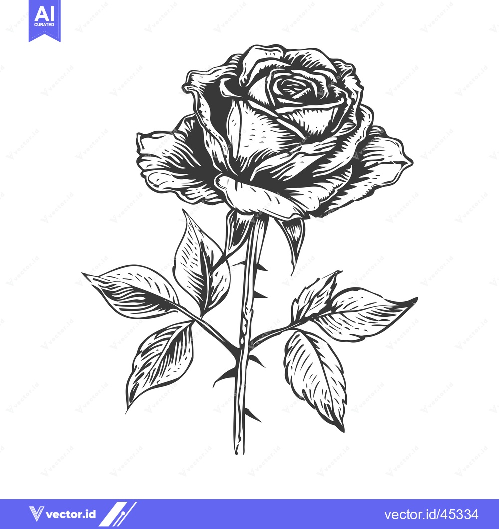 Premium Vector dari Hand-drawn illustration of a single blooming rose with leaves and thor
