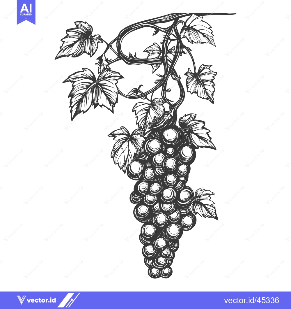 Premium Vector of Hand-Drawn Illustration of a Single Bunch of Grapes with Vine and Leav