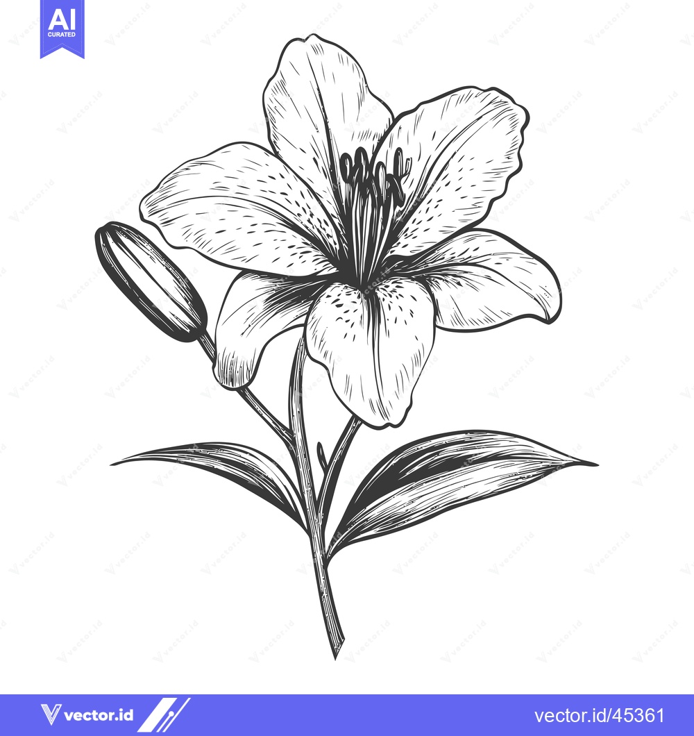 Premium Vector dari Hand-drawn illustration of a single lily flower with a bud and leaves
