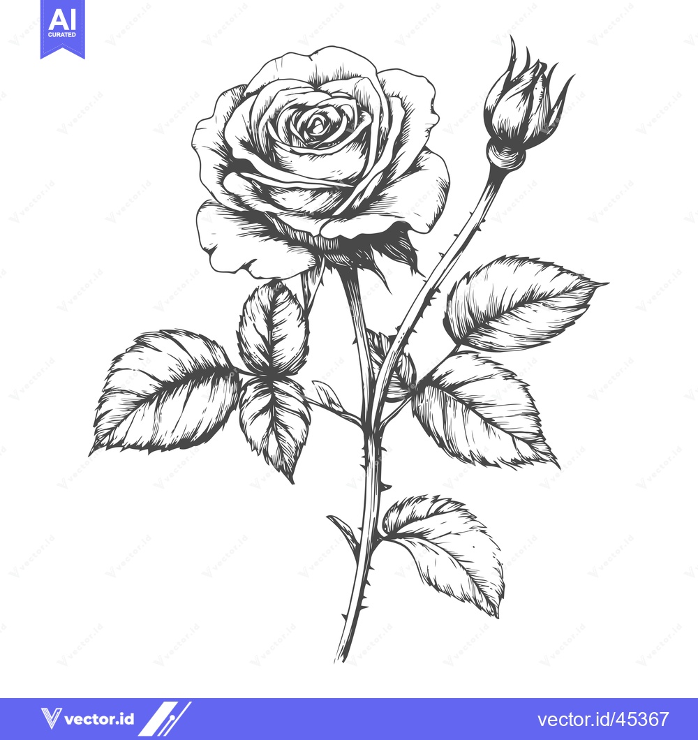 Premium Vector of Hand-drawn illustration of a single rose with leaves and a bud
