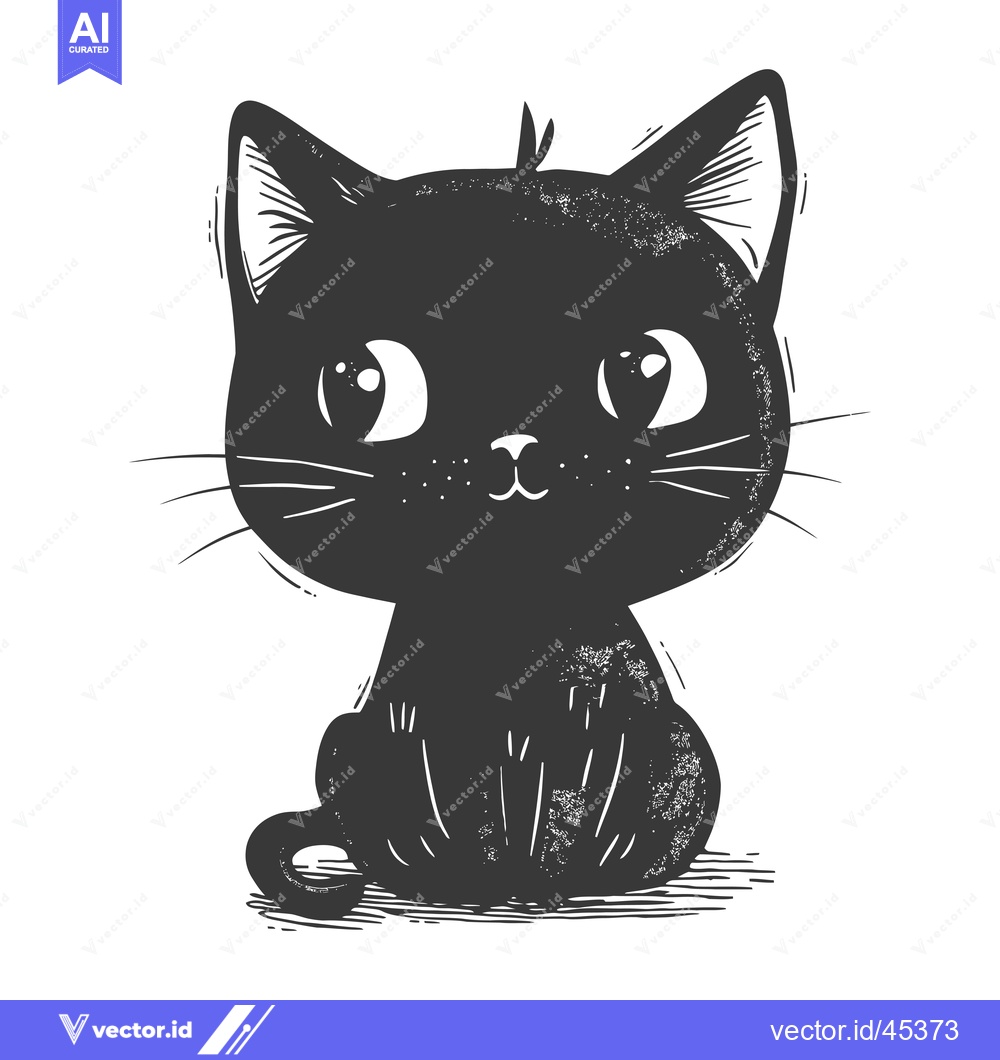 Premium Vector dari Hand-drawn Illustration of a Sitting Black Cat with Large Eyes