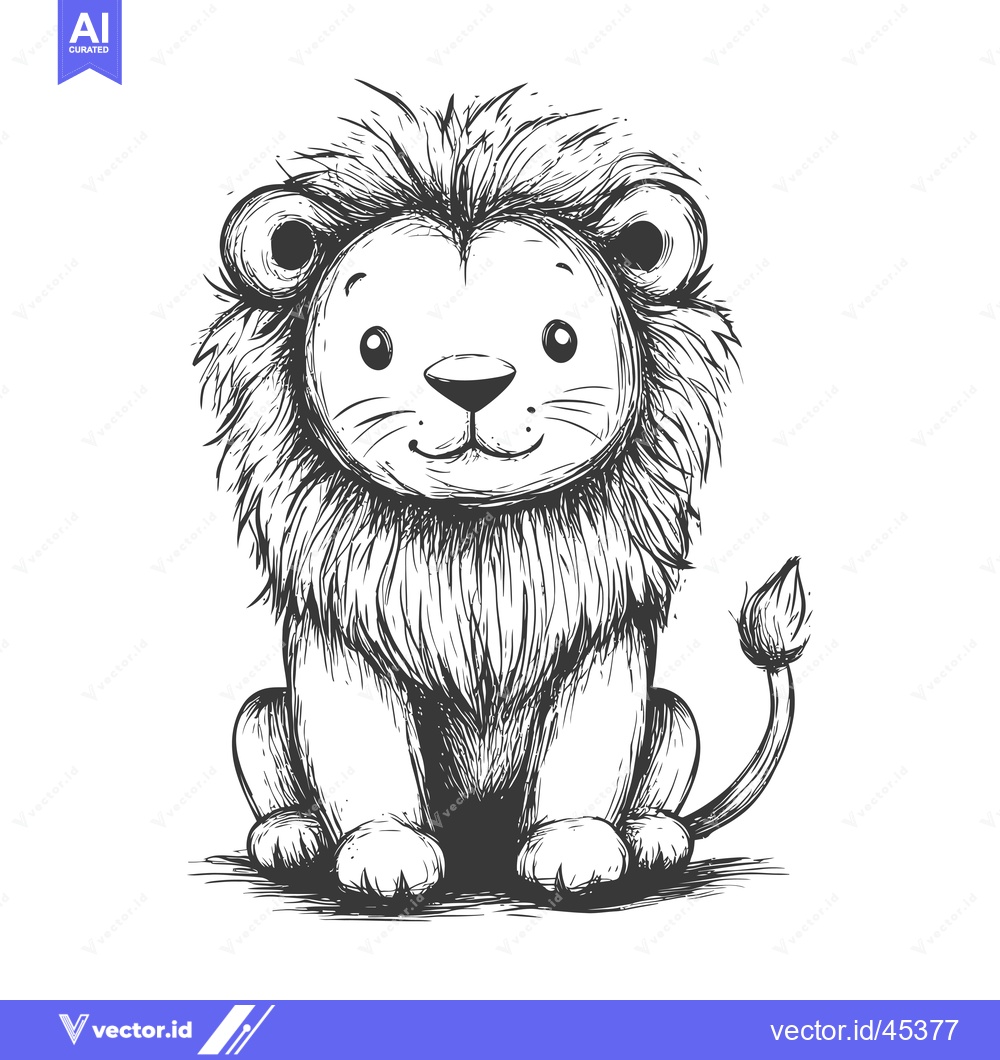 Premium Vector dari Hand-drawn Illustration of a Sitting Lion Cub with a  Fluffy Mane and