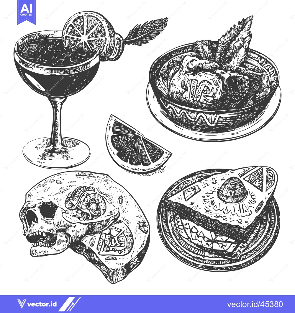 Premium Vector of Hand-Drawn Illustration of a Skull, Cocktail, Food, and a Feather