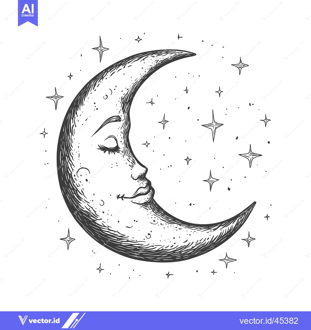 Premium Vector of Hand-Drawn Illustration of a Sleeping Moon with Stars