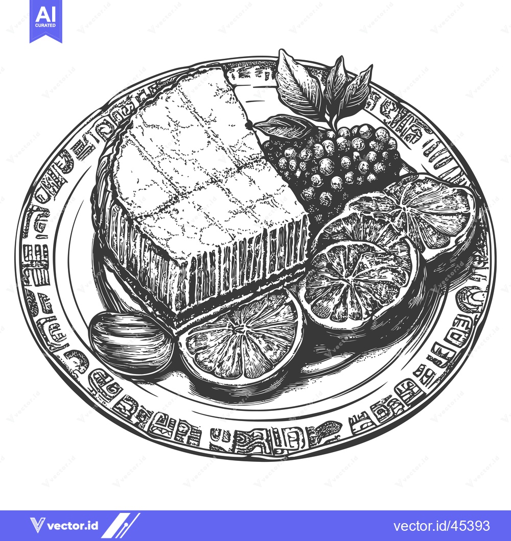 Premium Vector dari Hand-drawn illustration of a slice of cake, orange slices, and berries
