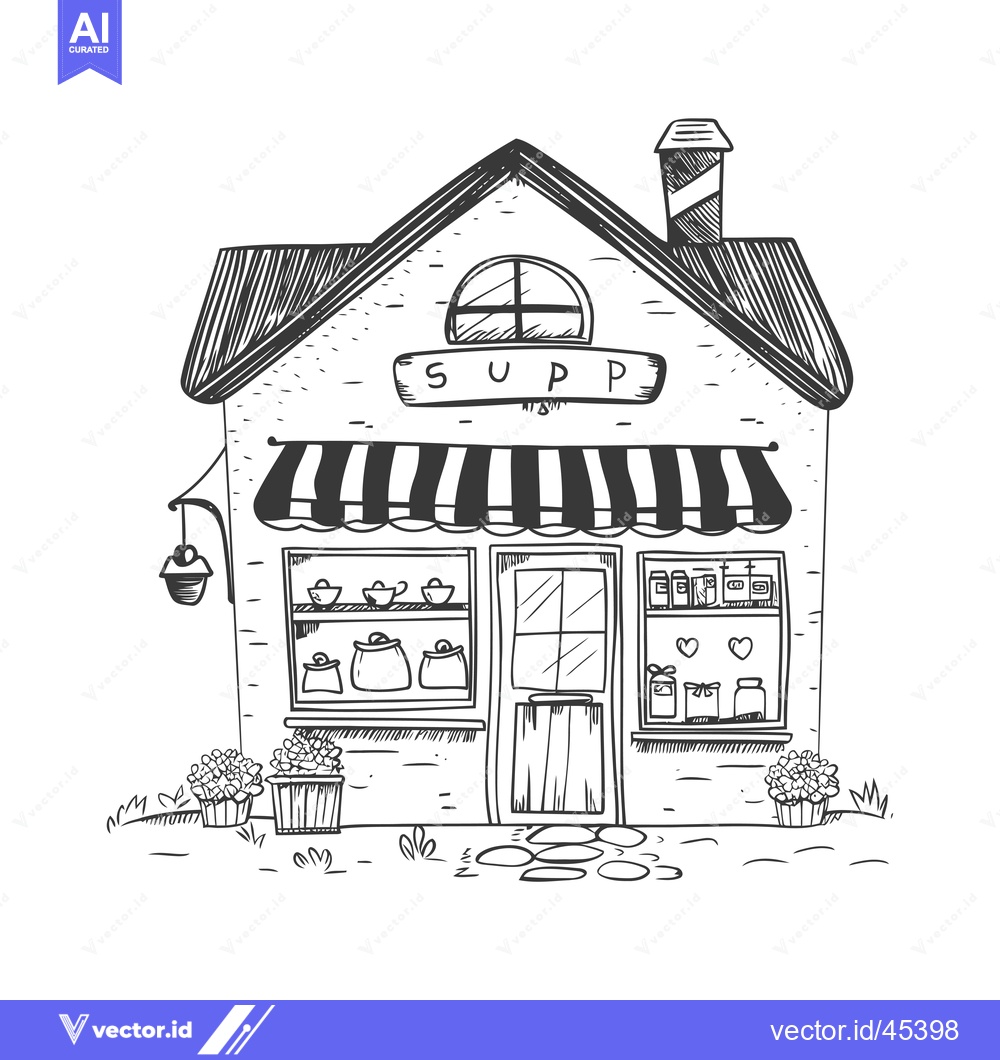 Premium Vector dari Hand-drawn illustration of a small brick shop with a striped awning an