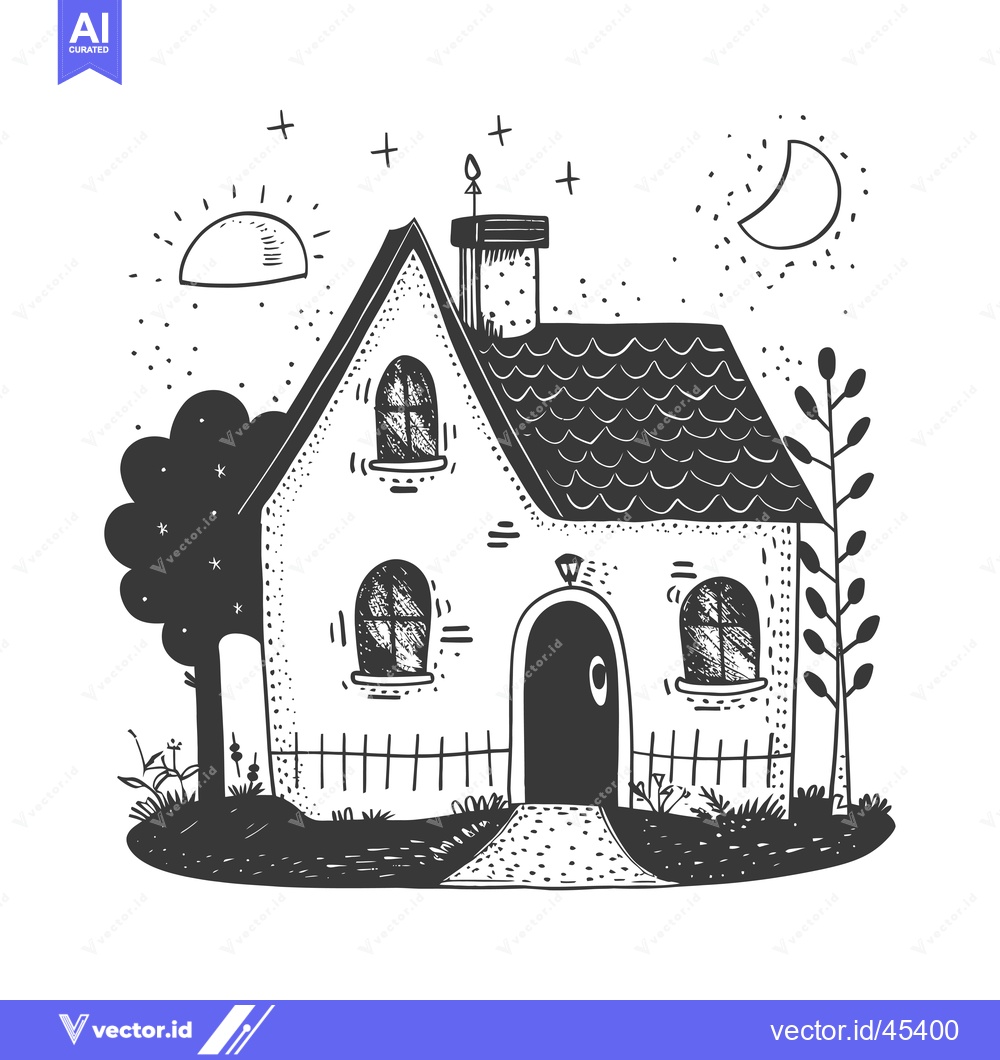 Premium Vector of Hand-drawn illustration of a small house with a roof, windows, door, t