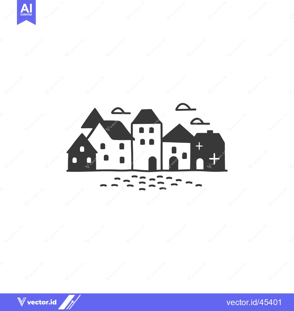 Premium Vector dari Hand-Drawn Illustration of a Small Town with Houses and Clouds
