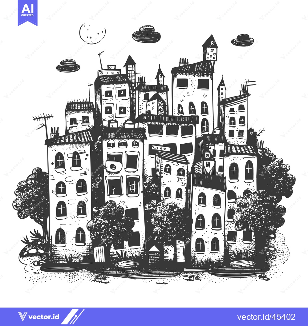 Premium Vector of Hand-drawn illustration of a small town with houses, trees, and a moon