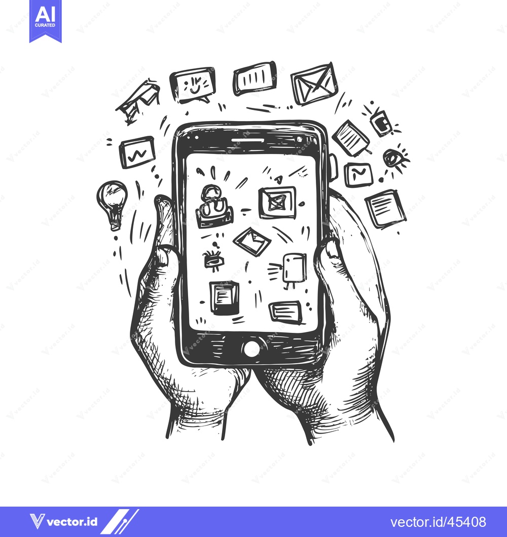 Premium Vector of Hand-Drawn Illustration of a Smartphone with Various App Icons Surroun