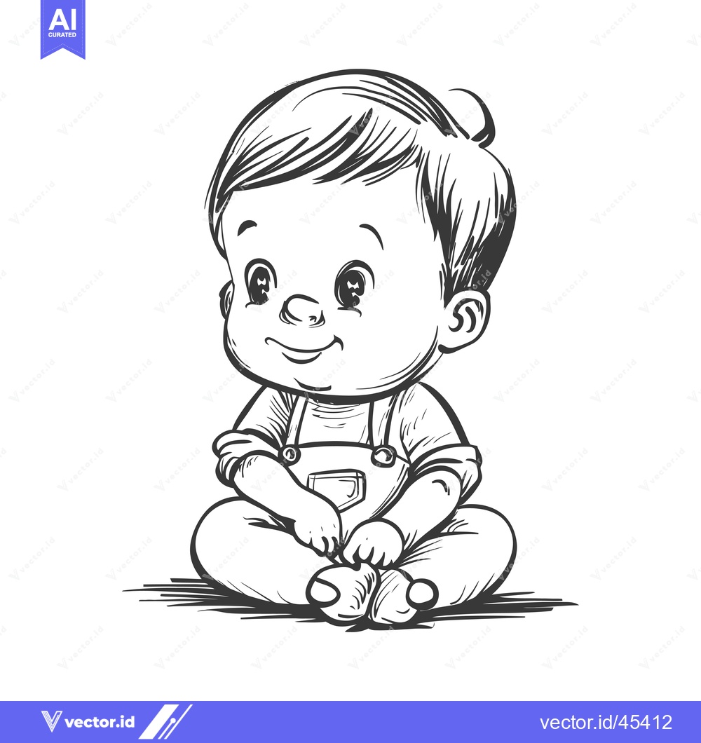 Premium Vector dari Hand-drawn illustration of a smiling baby boy in overalls sitting with