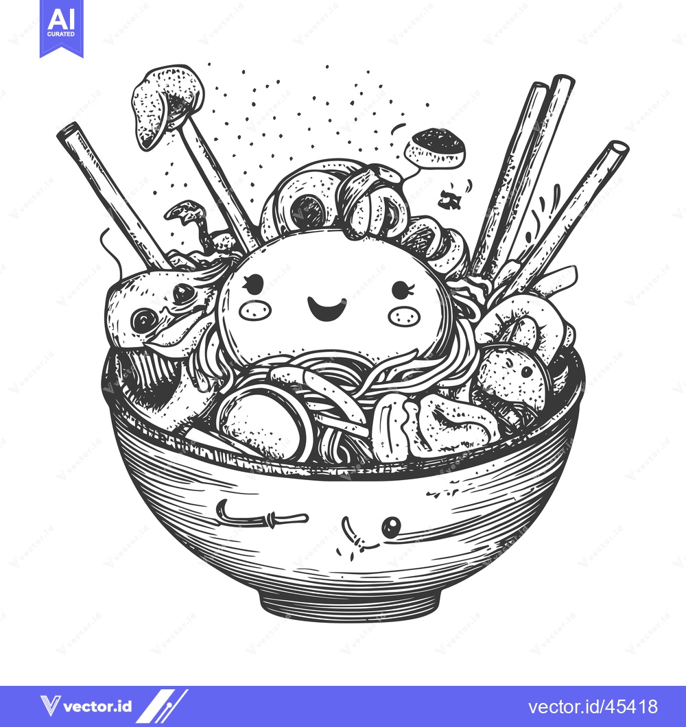 Premium Vector of Hand-drawn illustration of a smiling bowl of ramen with chopsticks and