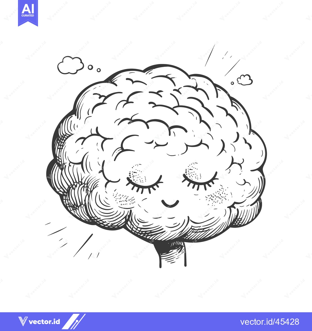 Premium Vector of Hand-drawn Illustration of a Smiling Brain with Closed Eyes