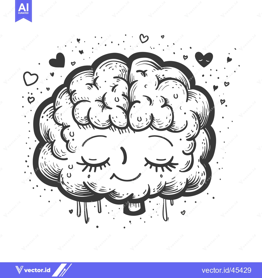 Premium Vector of Hand-drawn illustration of a smiling brain with closed eyes and hearts