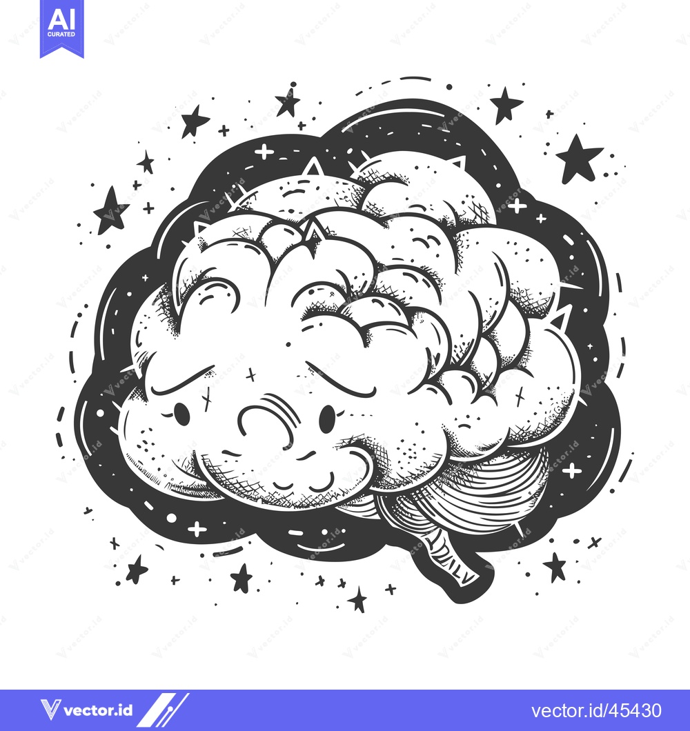 Premium Vector dari Hand-Drawn Illustration of a Smiling Brain with Stars and Plus Signs