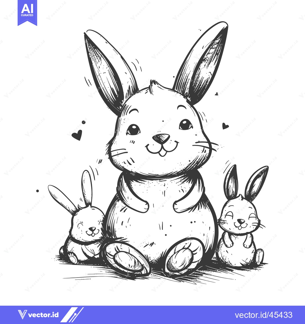 Premium Vector of Hand-drawn Illustration of a Smiling Bunny with Two Smaller Bunnies