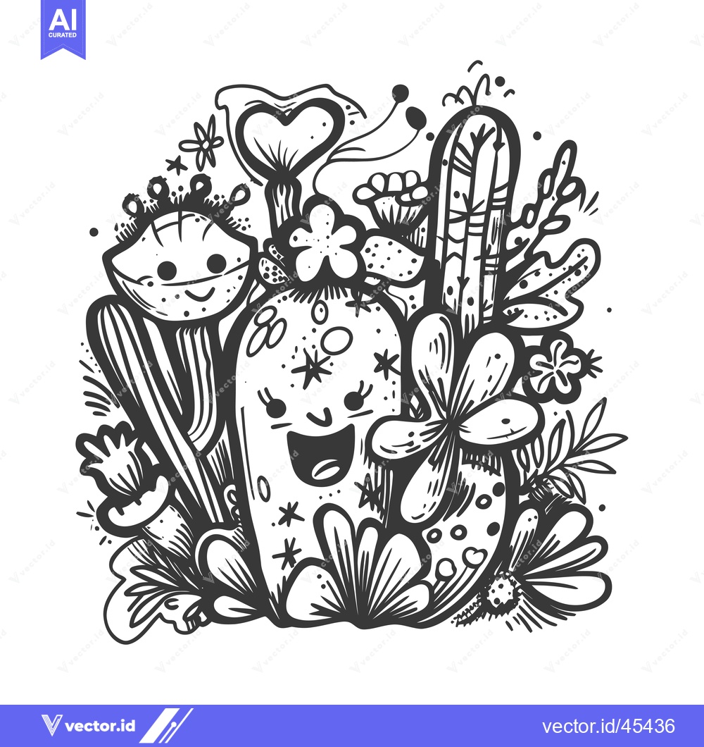 Premium Vector dari Hand-Drawn Illustration of a Smiling Cactus with Surrounding Flora