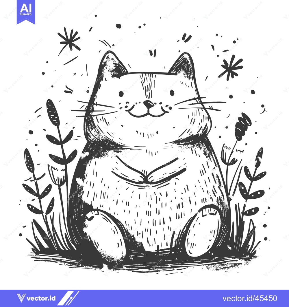 Premium Vector dari Hand-Drawn Illustration of a Smiling Cat in a Field of Flowers