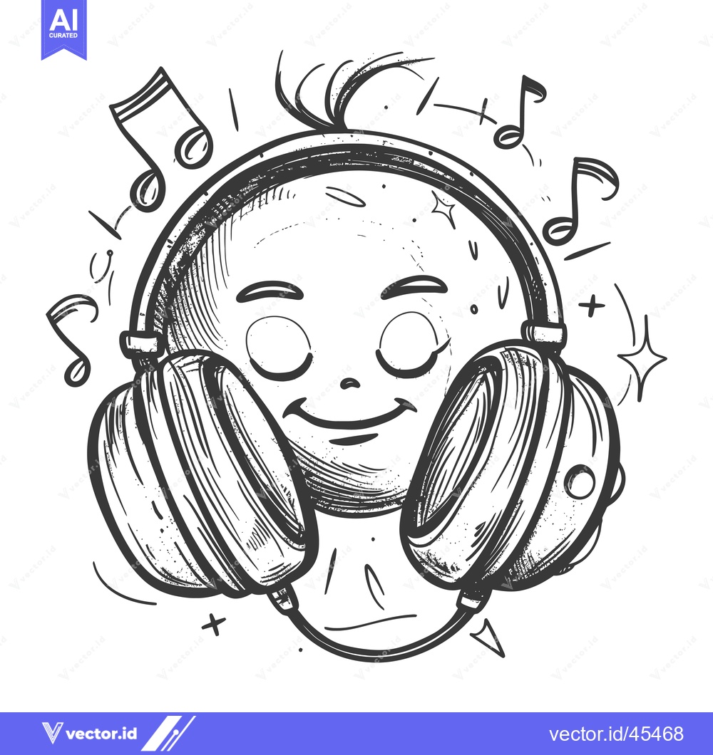 Premium Vector dari Hand-drawn Illustration of a Smiling Face Wearing Headphones with Musi