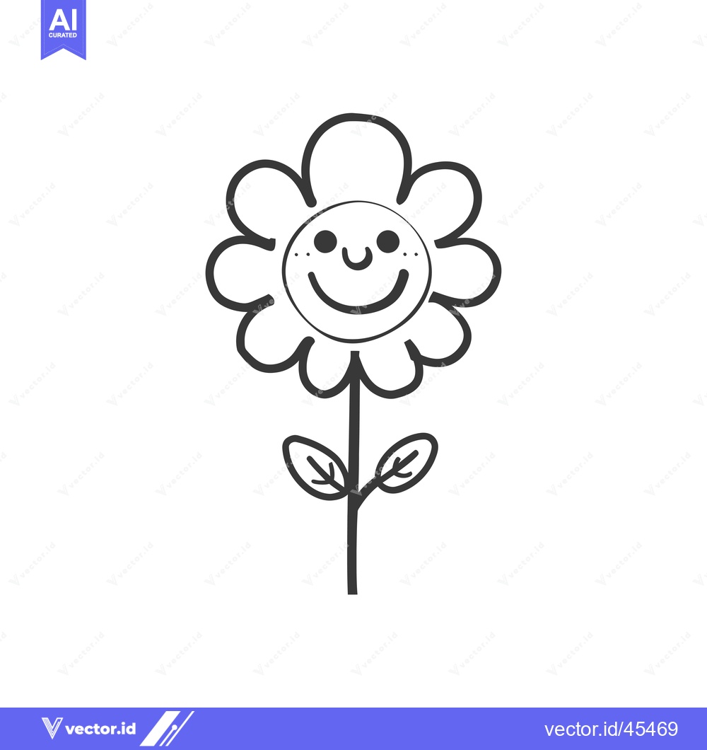 Premium Vector of Hand-Drawn Illustration of a Smiling Flower with Two Leaves